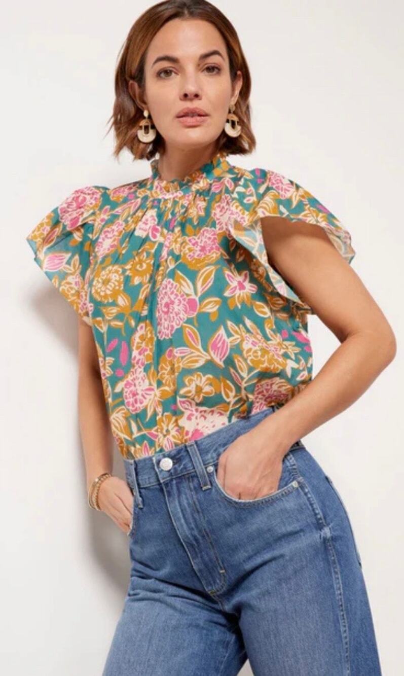 Trovato Birds of Paradis Carla Teal Dahlia top S